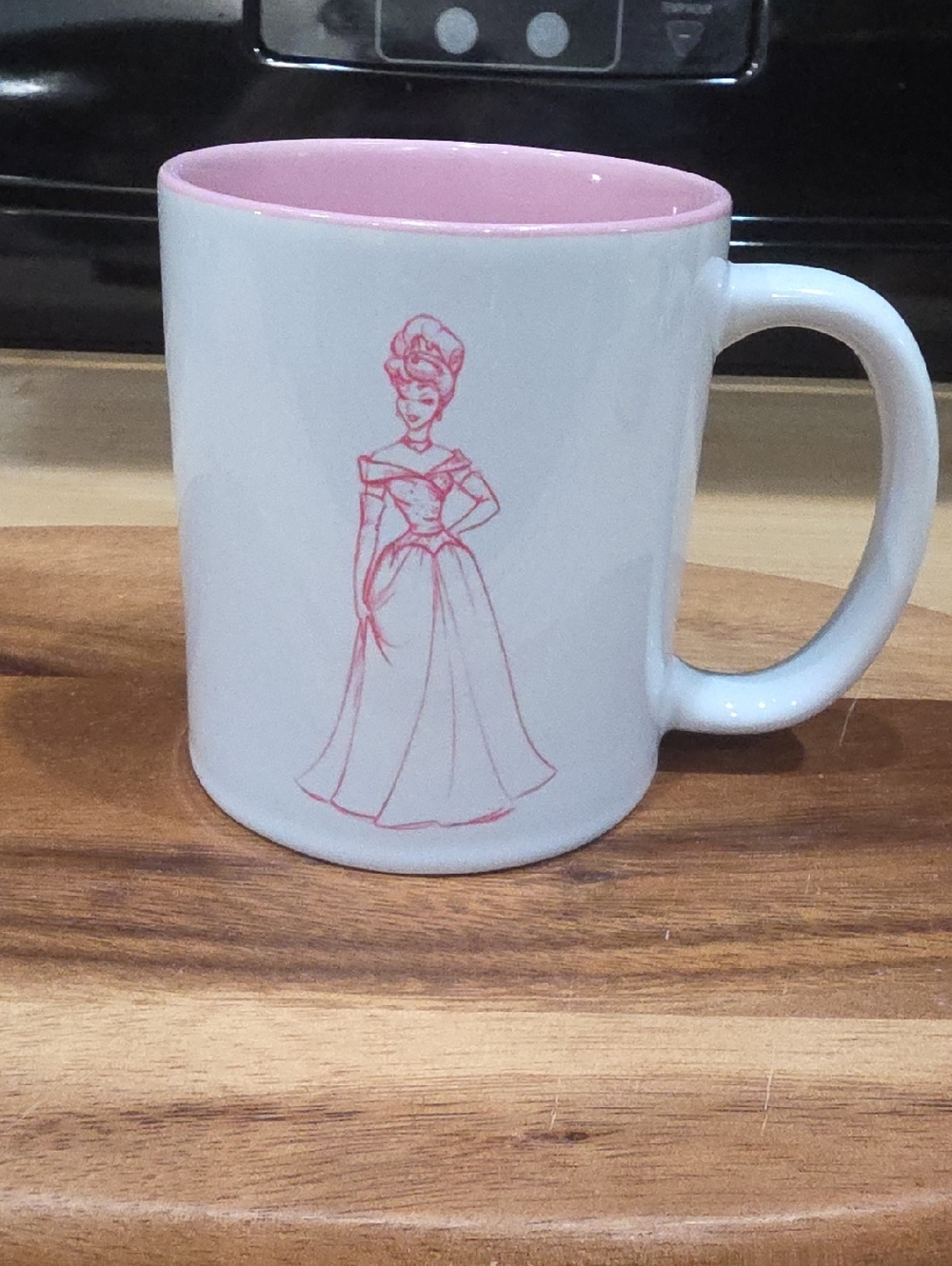 White Ceramic Mug with Pink Interior and Princess Sketch